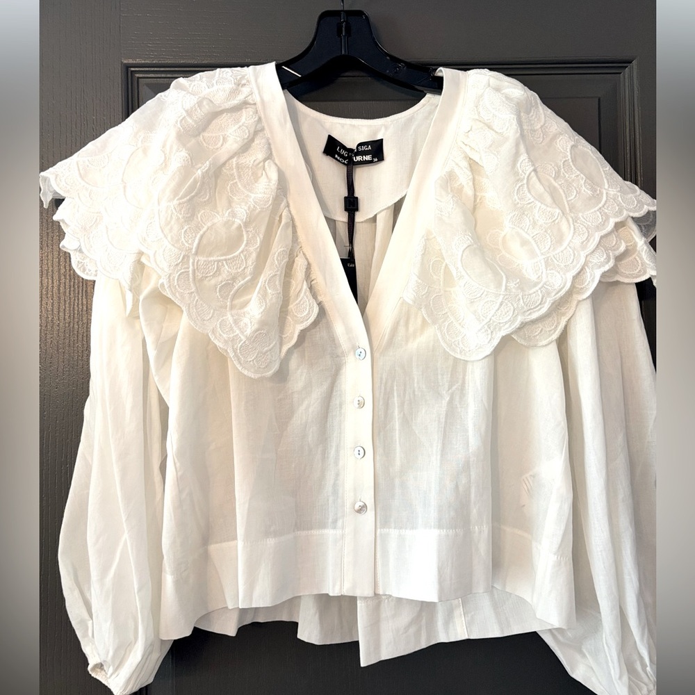 Nocturne White Cotton Blouse with Ruffle Lace Shoulders size 36 NWT $895
